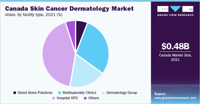 加拿大皮肤癌皮肤科市场占有率，各设施类型，2021年(%)