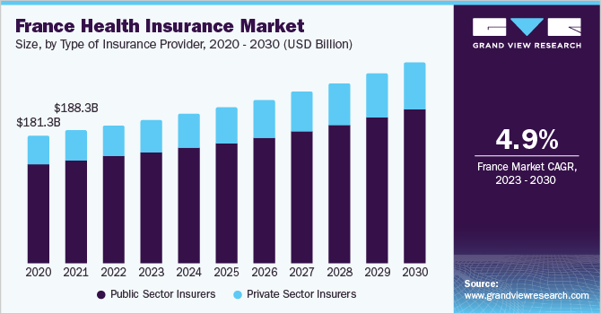 法国健康保险市场规模，各保险公司类型，2020 乐鱼体育手机网站入口- 2030年(10亿美元)
