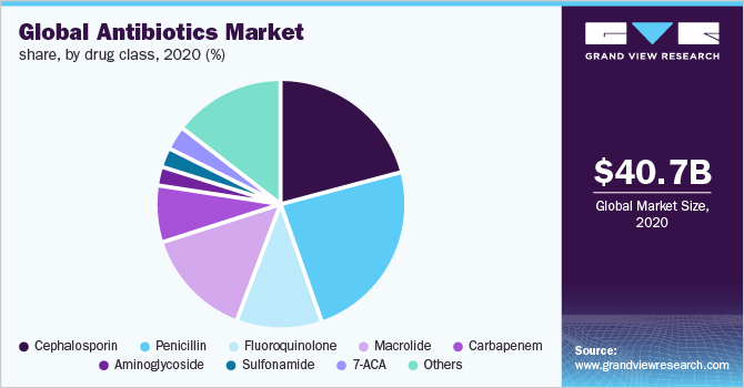 2020年全球抗生素市场份额，按药物类别分列(%)
