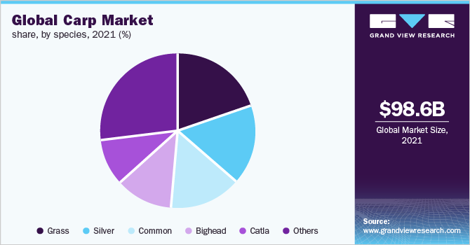 全球鲤鱼市场份额，各种类，2021年(%)
