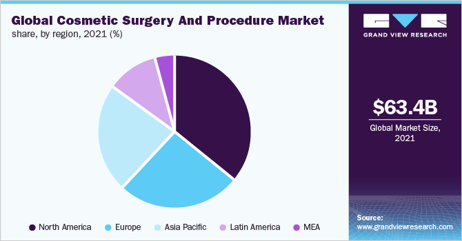 全球整容手术和程序市场份额，各地区，2021年(%)
