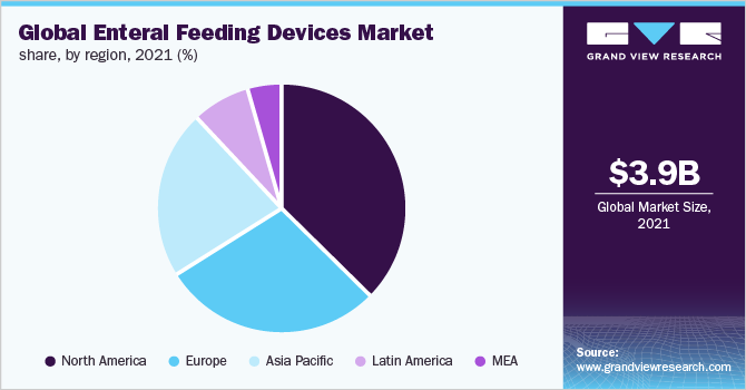 全球肠内喂养器市场份额，各地区，2021年(%)
