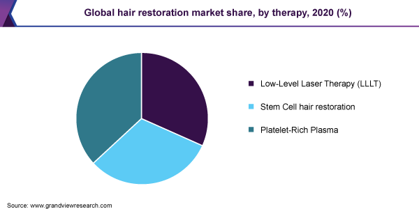 全球头发修复市场份额，各疗法，2020年(%)