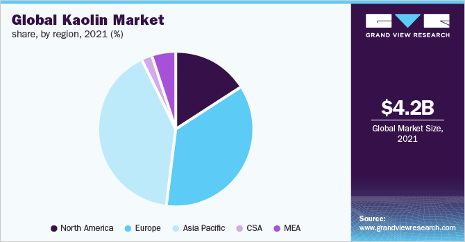 全球高岭土市场份额，各地区，2021年(%)