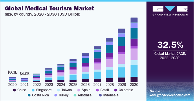 2020 - 2030年全球医疗旅游市场规模，乐鱼体育手机网站入口各国(10亿美元)
