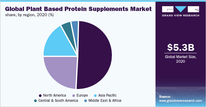 全球植物蛋白补充剂市场份额，各地区，2020年(%)