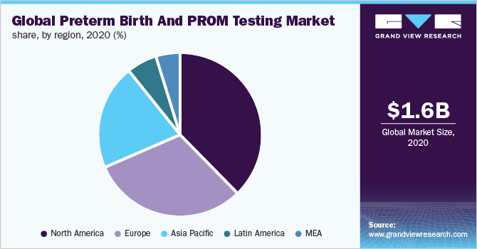 全球早产和PROM检测市场份额，各地区，2020年(%)