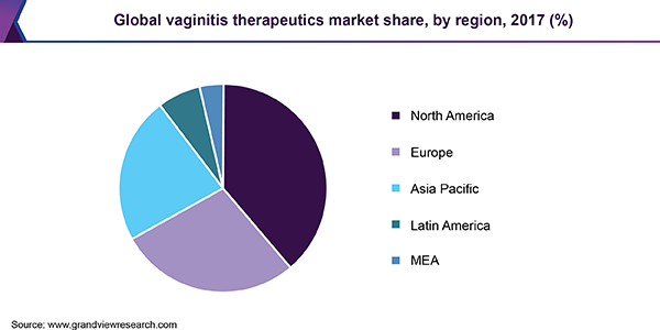 Global vaginitis therapeutics market share, by region, 2017 (%) 全球阴道炎治疗剂市场份额