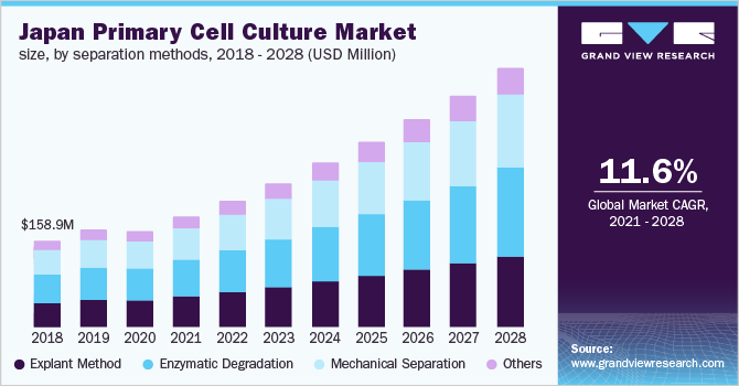 日本原代细胞培养市场规模，按分离方法划分，2018 -乐鱼体育手机网站入口 2028年(百万美元)