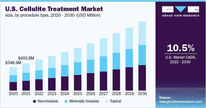 2020 - 2030年美国脂肪团治疗市场规模，按乐鱼体育手机网站入口程序类型划分(百万美元)