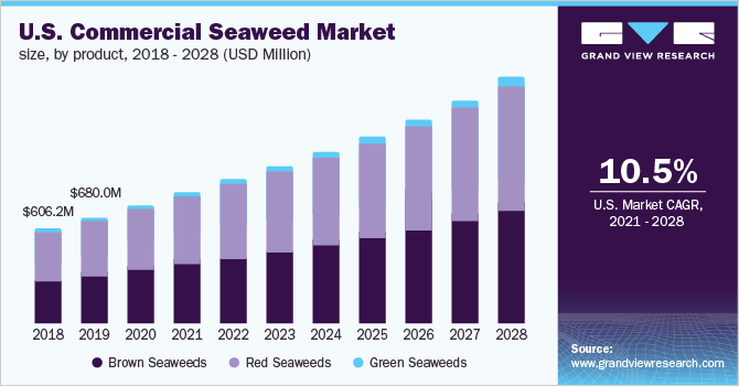 美国商业海藻市场规模，分产品，2018 - 20乐鱼体育手机网站入口28年(百万美元)