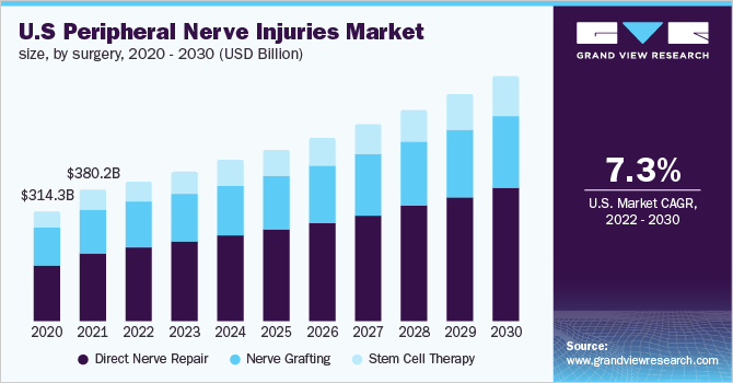 美国周围神经损伤市场规模，各手术，2020 - 2030年(乐鱼体育手机网站入口10亿美元)