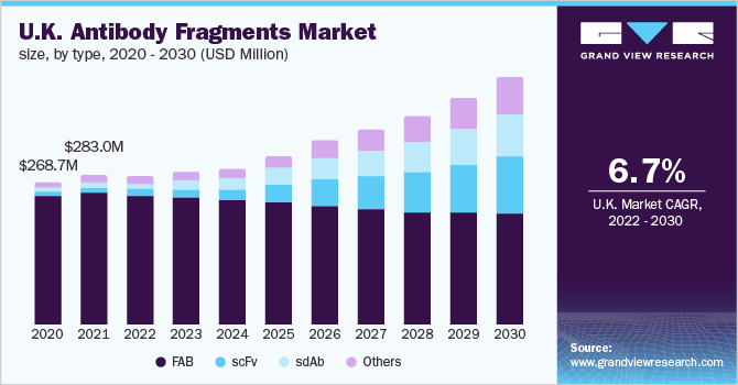 2020 - 2030年，英国各类型抗体片段市场乐鱼体育手机网站入口规模(百万美元)
